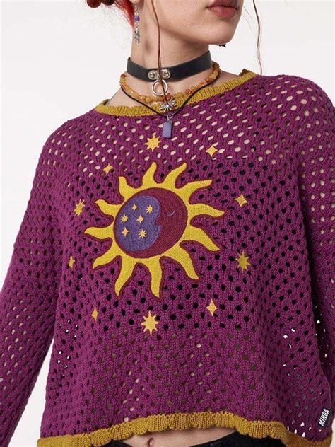 Emmiol Free Shipping 2024 Sun Moon Hollow Out Crochet Knit Top Purple M