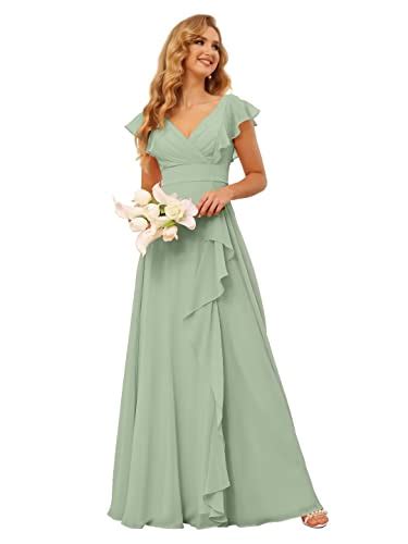 TIRAS Women S Ruffled Sage Green Chiffon Bridesmaid Dresses Long For