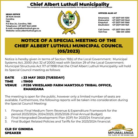 Notice Of A Special Meeting Of The Chief Albert Luthuli Municipal Council 05 2023 Mpumalanga