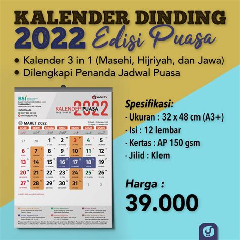 Kalender Dinding Masehi Hijriyah Jawa Edisi Puasa Yufid 2022 Stok