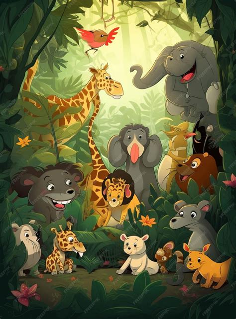 Premium Ai Image Cartoon Illustration Of A Group Of Wild Animals In