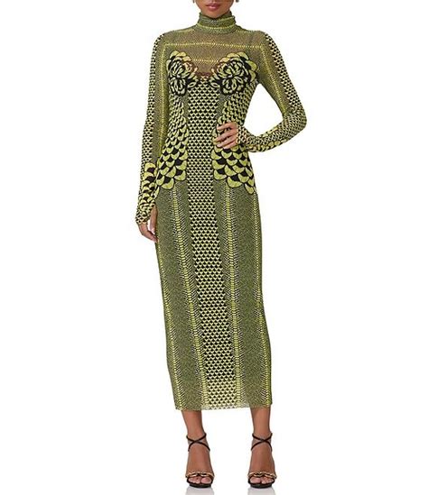 Afrm Shailene Printed Mesh Turtleneck Long Sleeve Midi Dress Dillards