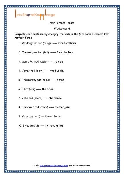 Grade 4 English Resources Printable Worksheets Topic Past Perfect Tenses Lets Share Knowledge