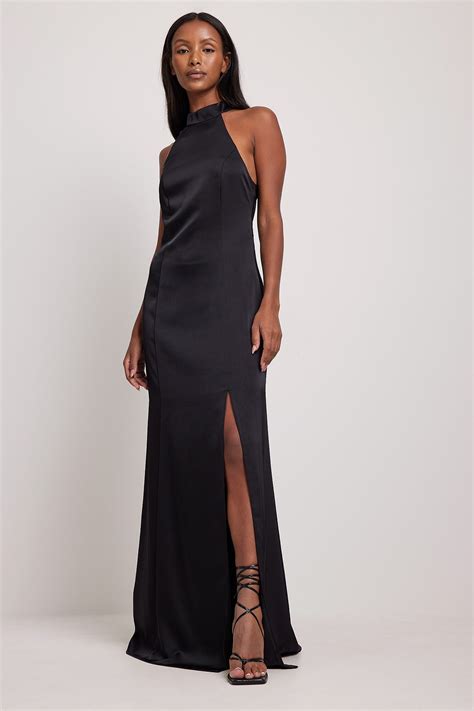 Open Back Maxi Satin Dress Black Na Kd