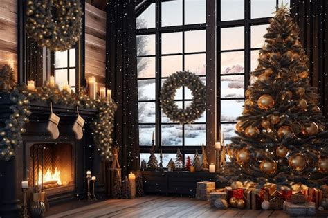 A Christmas Tree In A Room With A Fireplace And A Snow Covered Window