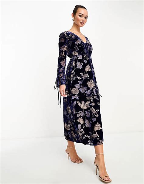 Asos Design Velvet Maxi Dress In Blue Floral Burnout Asos