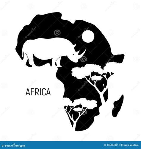 Frica Mapa Blanco Y Negro Del Continente De Frica Con El Rinoceronte