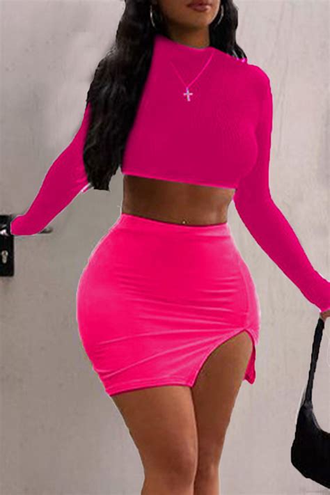 Wholesale Rose Red Sexy Solid Split Joint O Neck Long Sleeve Two Pieces K33911 3 Online