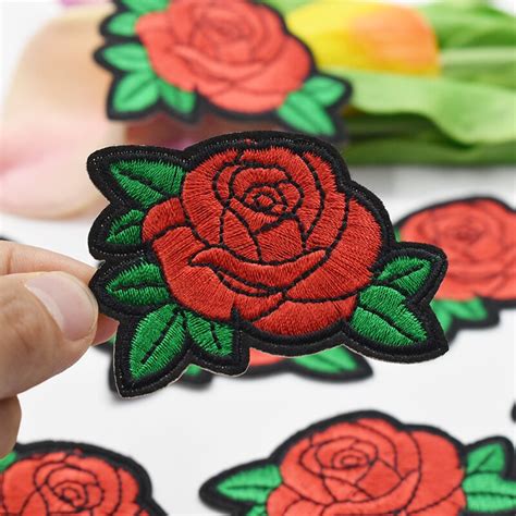 Zhutousan 20pcs 7 5cm Rose Flower Embroidery Green Leaves Iron On