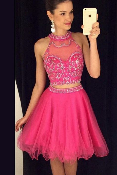 Two Piece High Neck Homecoming Dress Short Beaded Homecoming Dresses