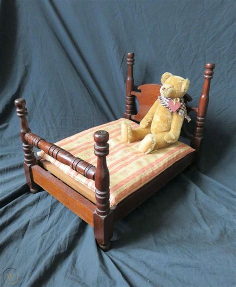 Vintage Wood Doll Bed With Mattress 4 Poster Large 20 X 14