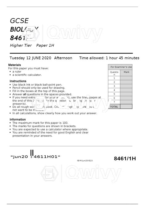 Aqa Gcse Biology Paper 1 Higher Tier 84611h June 2020