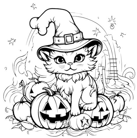 Premium Vector | Halloween cat coloring page