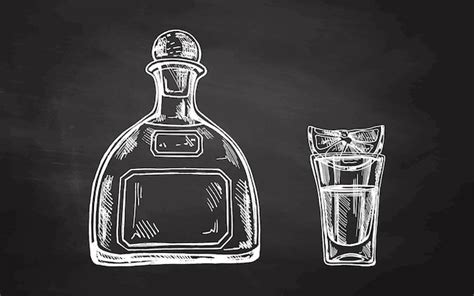 Botella De Tequila Dibujada A Mano Y Vaso Con Tequila Con Una Rebanada