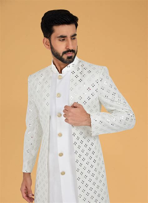 Buy White Banarasi Dupion Silk Mirror Embroidery Indowestern Sherwani