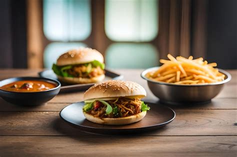 Dos hamburguesas en una mesa con un tazón de papas fritas y un tazón de