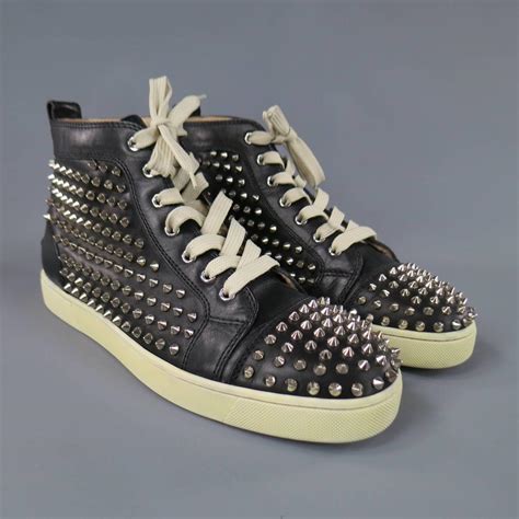 Mens Christian Louboutin Size 11 Black Leather Silver Spikes Louis Flat Sneaker At 1stdibs