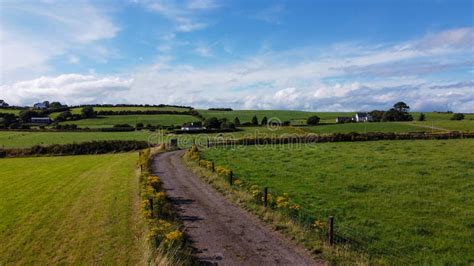 A Country Road Between Green Fields In Ireland Blue Sky Over Grass