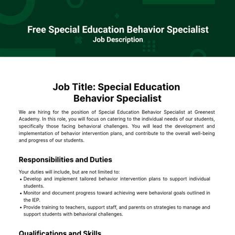 Free Special Education Behavior Specialist Job Description Template Edit Online And Download