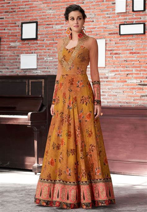 Mustard Silk Printed Gown 163812 Printed Gowns Western Dresses Indo