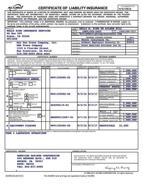 Certificate Of Liability Insurance Treescompany