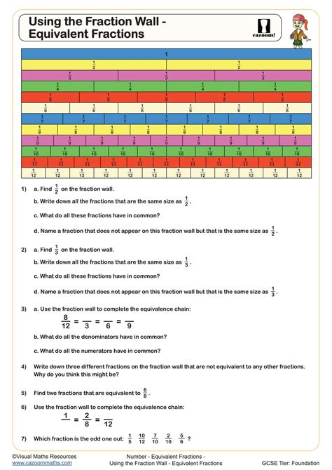 Using A Fraction Wall Equivalent Fractions Engaging Pdf Year 7 And 8 Number Worksheet