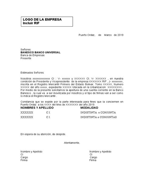 Carta Modelo De Apertura De Cuenta Nueva Pdf