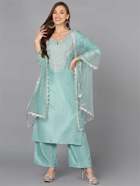 Buy Vaamsi Women S Sea Green Silk Blend Embroidered Festive Wear Suit