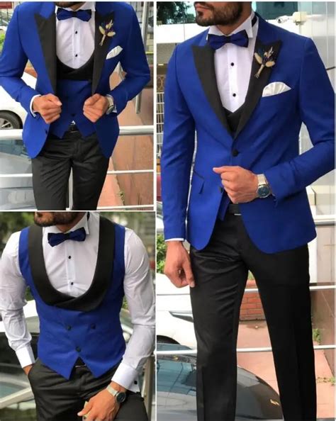 Traje de novio azul real y negro para hombre esmoquin de satén con