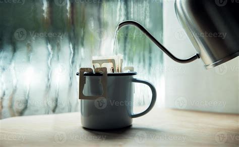 Dripping Coffee by the Window on Morning Rainy Day. Making Hot Drink by ...