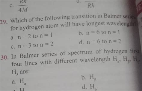 In Balmer Series Of Spectrum Of Hydrogen First Four Lines With Different