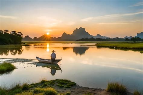 Premium Photo | A man is rowing a boat at sunset on a lake.