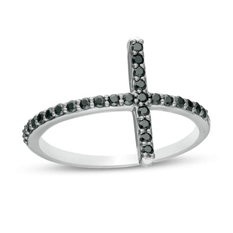 14 Ct Tw Enhanced Black Diamond Cross Ring In Sterling Silver