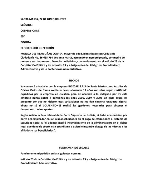 Derecho De Peticion Colpensiones SANTA MARTA 22 DE JUNIO DEL 2023