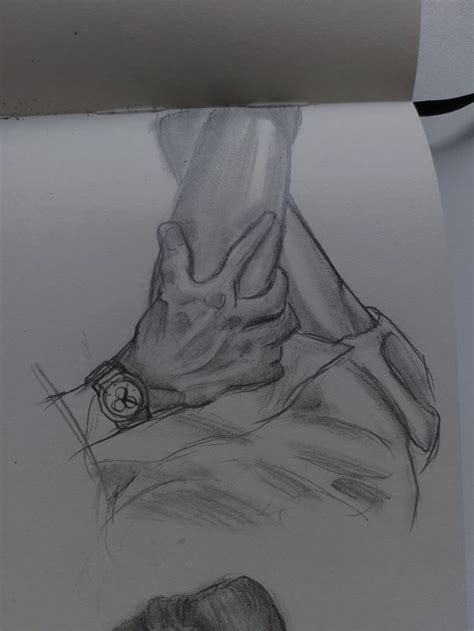 A Pencil Drawing Of A Man S Hand Holding A Watch