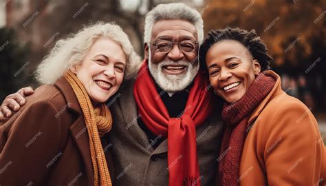 Premium AI Image | three happy elderly people standing in nature in autumn