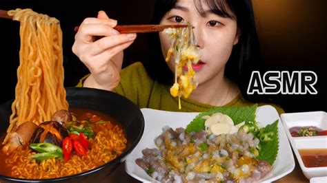 Asmr Raw Octopus🐙싱싱한 산낙지 탕탕이와 얼큰한 열라면 리얼사운드 먹방 Mukbang Octopus Spicy