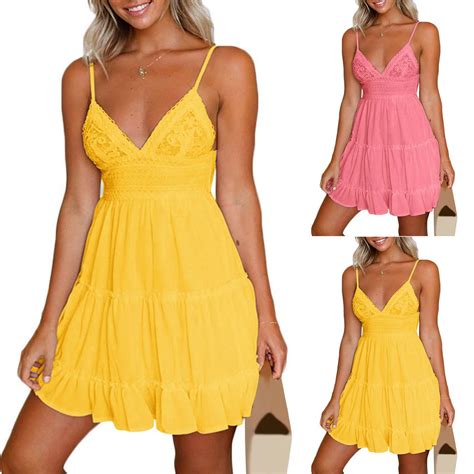 Summer White Dress Women Boho Spaghetti Strap Mini Party Sundress Deep