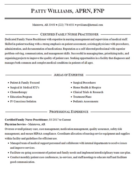 Family Nurse Resume Example - Certified Nurse Practitioner - Management