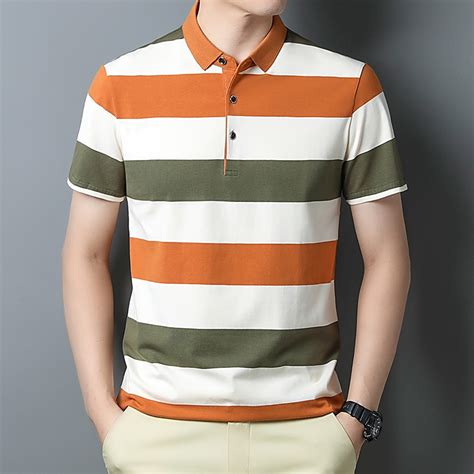 Mens Stripe Polo Shirt Collar Korean Style Short Sleeve Slim Fit Polo