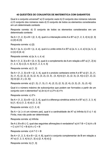 SOLUTION 40 Quest Es De Conjuntos De Matem Tica Gabaritos Studypool