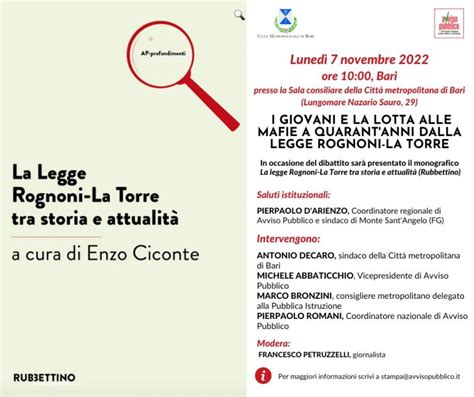 La legge Rognoni La Torre tra storia e attualità Lunedì a Bari la