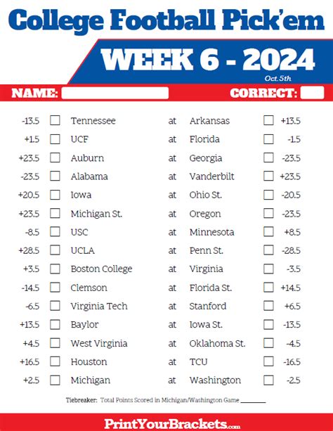 Printable Week 6 College Football Pickem Sheets 2024