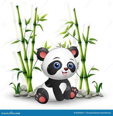 Panda Sitting Between Bamboo Holds Green Leaves Vector Illustration