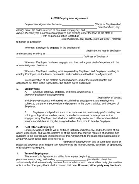 At Will Employment Agreement Template