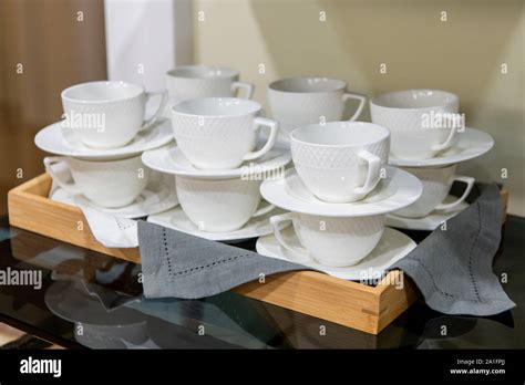 Group Of Empty Cups In Many Rows Of White Cup For Service Tea Or