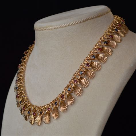 French Ruby Sapphire 1950s Gold Necklace