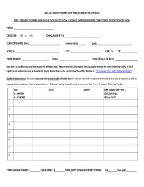 Fillable Online 2023 Adls District Poultry Entry Form Exhibition