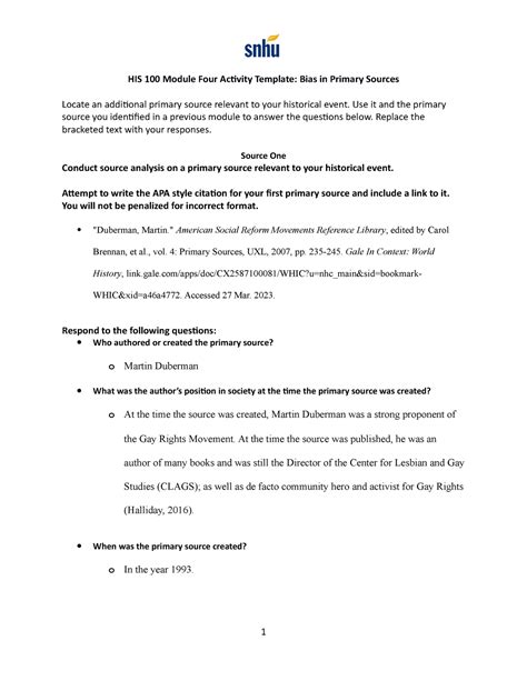 Bias In Primary Sources HIS 100 Module Four Activity Template Bias