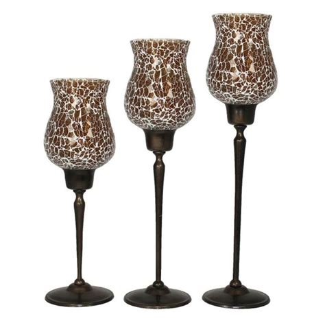 Benzara Graceful Mosaic Glass And Metal Candle Holders Set Of 3 Amber